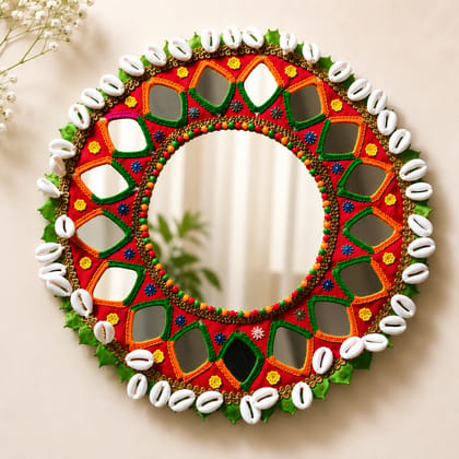 Handmade Decorative Wall Mirror with Mirror & Cowrie Shell Work - 15 Inch