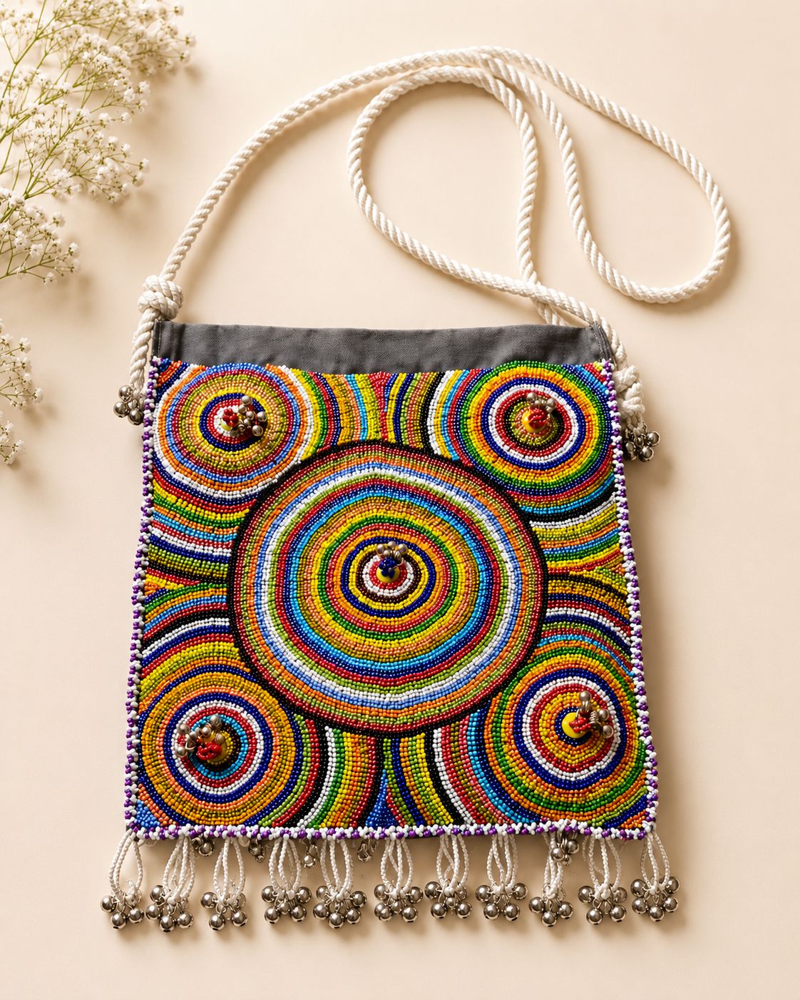 Multicolor Geometric Beaded Sling Bag
