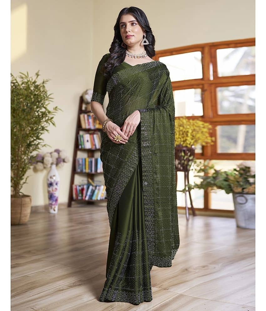 Samah Georgette Embellished Saree With Unstitched Blouse Piece ( Green )