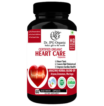 Dr JPG Organic Herbals  Heart Care Capules 650mg, 60Veg Cpasules | Lowers Cholesterol | Blood Pressure | INDIA Organic Certified.