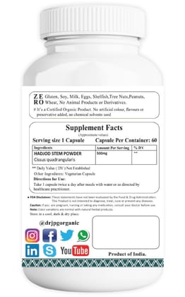 Dr JPG Organic Herbals Hadjod Capsules For Bone Strength  500mg, 60 Veg. Capsules/INDIA ORGANIC Certified (Pack Of 1)