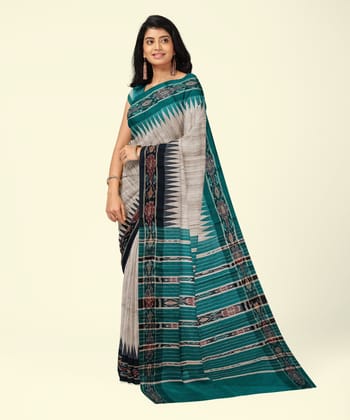 Beige Sambalpuri Handwoven Ikat Border Tussar Silk Saree SFTSAR2337