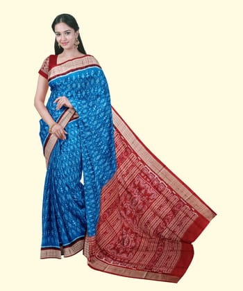 Blue Red Sambalpuri Handwoven Ikat Silk Saree SFSSAR2341
