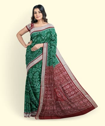 Green Red Sambalpuri Handwoven Ikat Silk Saree SFSSAR2344