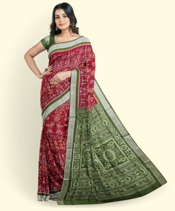 Red Green Sambalpuri Handwoven Ikat Silk Saree SFSSAR2349