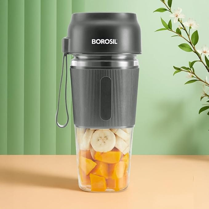 Borosil NutriGrip Grey Portable Blender | 40W Low-Noise DC Motor | 300ml