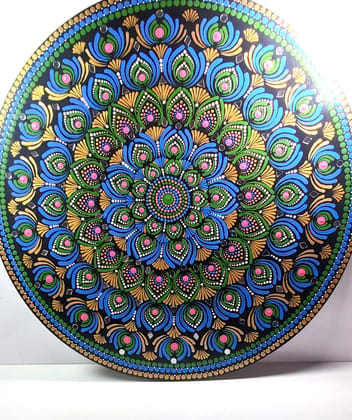 Peacock Feather Dot Mandala Art on Round MDF Board - Blue, Green & Gold