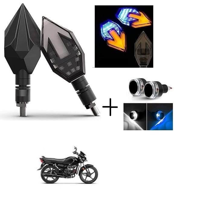Peculiar Zone Arrow 2 Pcs + Handle Blue White Universal LED Indicators for Motorbikes - Set of 2 Dual Tone Yellow & Blue Blinker Lights, Waterproof ABS Plastic Body