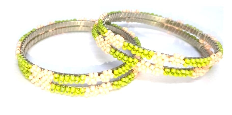 Green & Baby Pink– FHS Flower Beadwork Bangles (Set of 6)