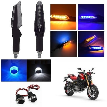 PECULIAR ZONE DUAL2PCS+HANDLE BLUE WHITE Universal LED Indicators for Motorbikes - Set of 2 Dual Tone Yellow & Blue Blinker Lights, Waterproof ABS Plastic Body 