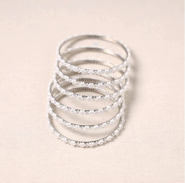 White - Flower Beadwork Bangles (Set of 6) 
