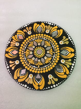 Handcrafted Yellow & Gold Lippan Art Mandala Wall Hanging - Mud Mirror Work Round Wall Decor