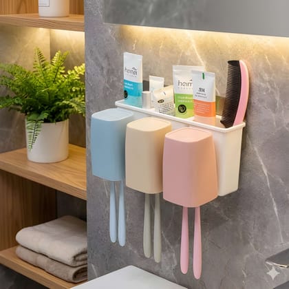 Self Adhesive Magic Sticker Anti-Dust Toothbrush Holder with 3 Cups – Wall Mounted Bathroom Toothpaste & Toothbrush Organizer Stand for Family Use