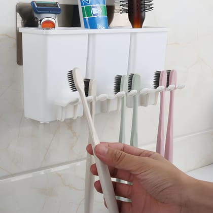 Self Adhesive Magic Sticker Anti-Dust Toothbrush Holder with 3 Cups – Wall Mounted Bathroom Toothpaste & Toothbrush Organizer Stand for Family Use