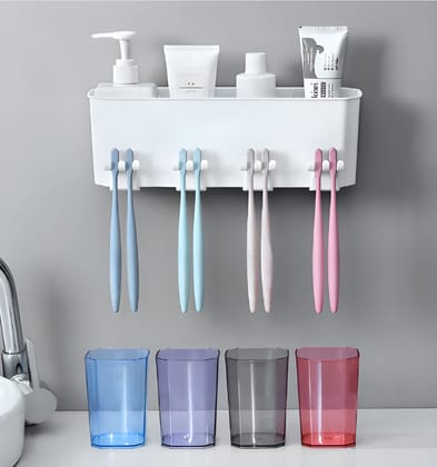 Plastic Toothbrush Holder Wall Mounted with 4 Cups – Bathroom Organiser Toothbrush & Toothpaste Storage Stand, Self Adhesive Brush Holder for Bathroom Wall