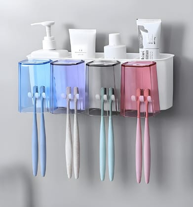 Plastic Toothbrush Holder Wall Mounted with 4 Cups – Bathroom Organiser Toothbrush & Toothpaste Storage Stand, Self Adhesive Brush Holder for Bathroom Wall