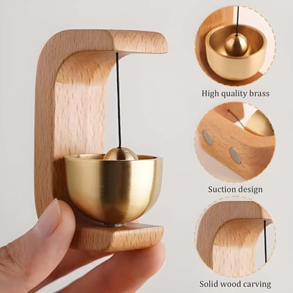Beech Wooden Door Chime with Brass Bell – Vintage Wall Mount Entry Alert Bell for Home, Shop, Porch & Garden, Decorative Brass Doorbell Wind Chime Housewarming Gift (Light Wooden Finish)