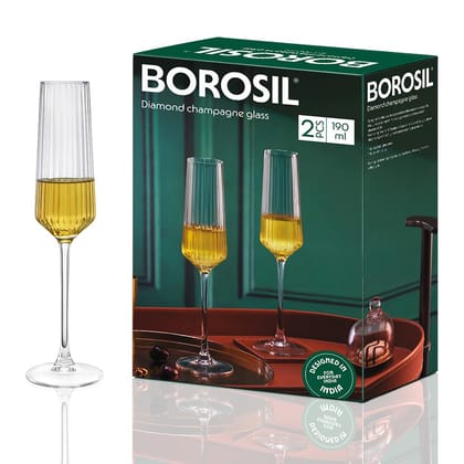Borosil 190ml x 2pc Diamond Champagne Glass Set | Flute for Champagne, Sparkling Wine, Prosecco & Cocktails | Elegant Glassware for Celebrations & Gifting