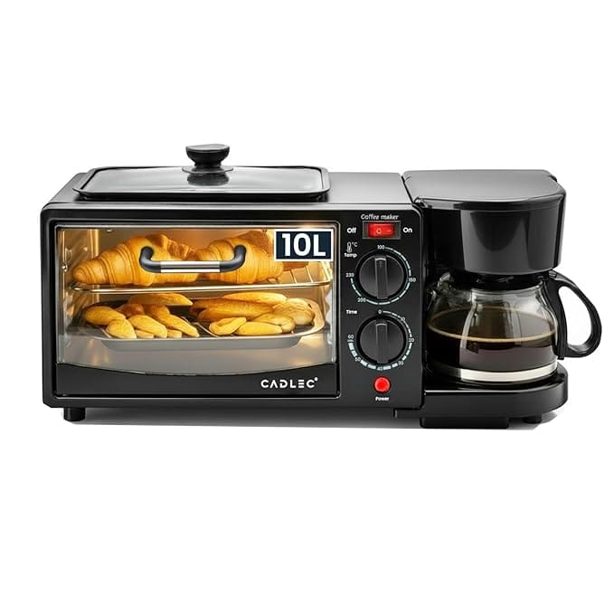 Cadlec MultiChef Pro 3 in 1 Breakfast Maker With Oven Toaster Griller, Coffee Maker, Frying Pan | Adjustable Temperature & Timer, Bake, Grill & Toast- Black (10 Ltr)