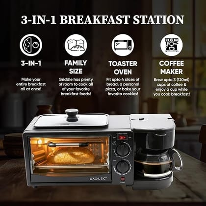 Cadlec MultiChef Pro 3 in 1 Breakfast Maker With Oven Toaster Griller, Coffee Maker, Frying Pan | Adjustable Temperature & Timer, Bake, Grill & Toast- Black (10 Ltr)