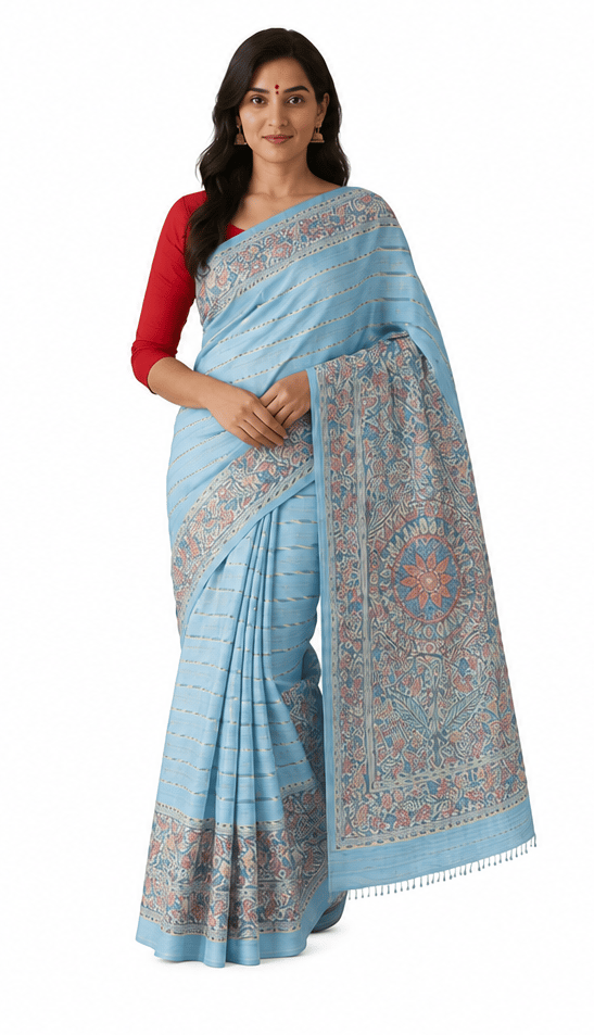 [Pack of 4] Light Blue Hand-Block Printed Tussar Silk Saree - Sarees | Buy online on ZillyBuy