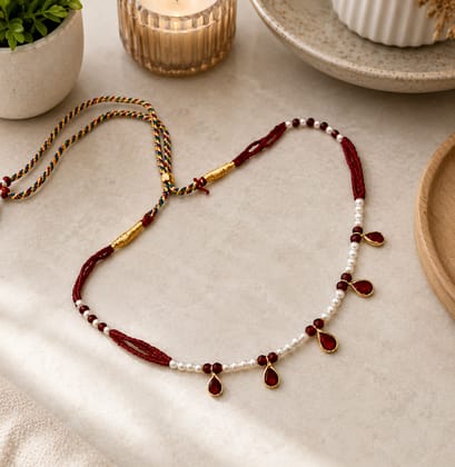 Gold Plated Red Stone & Pearl Drop Necklace