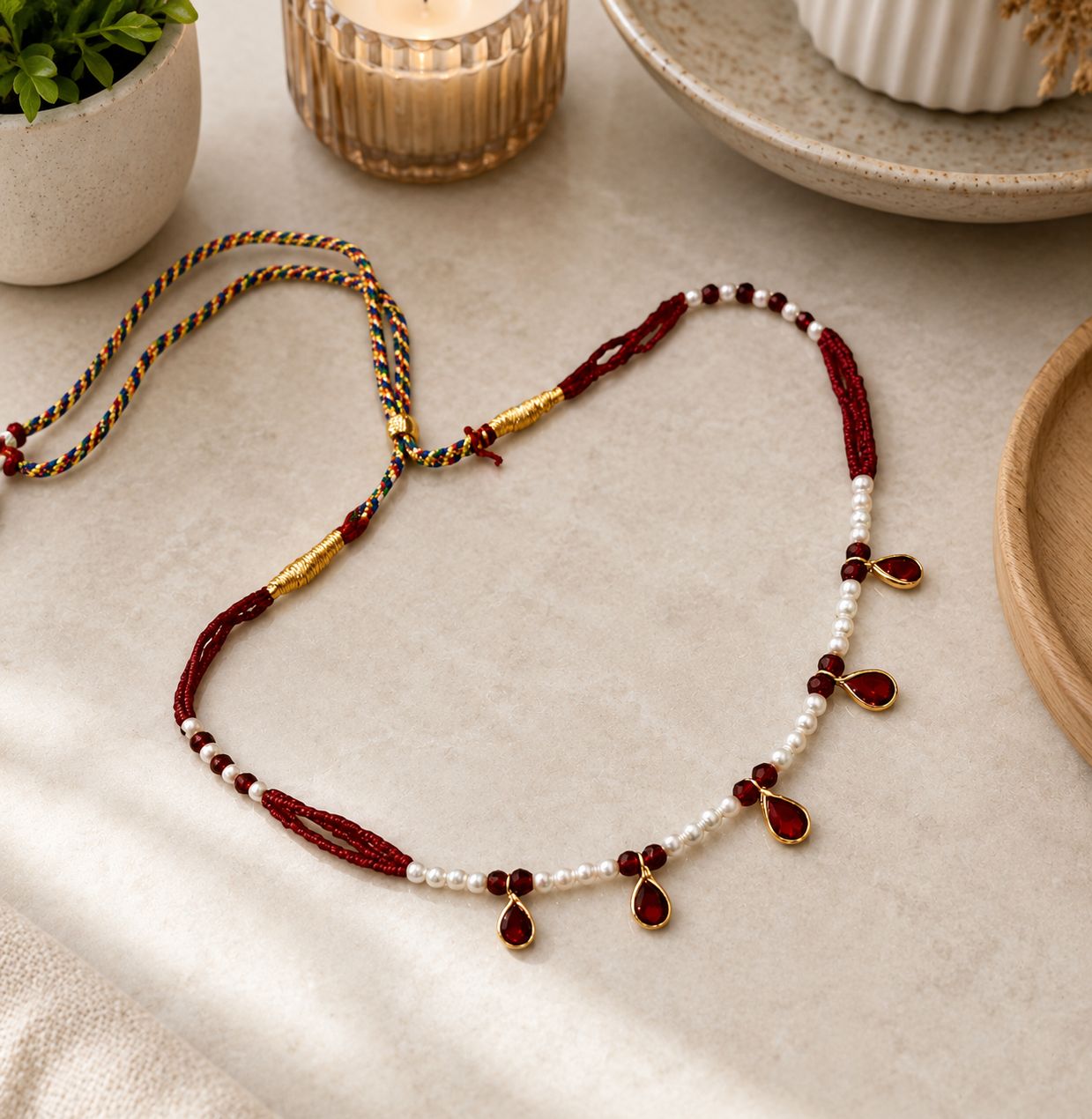 Gold Plated Red Stone & Pearl Drop Necklace