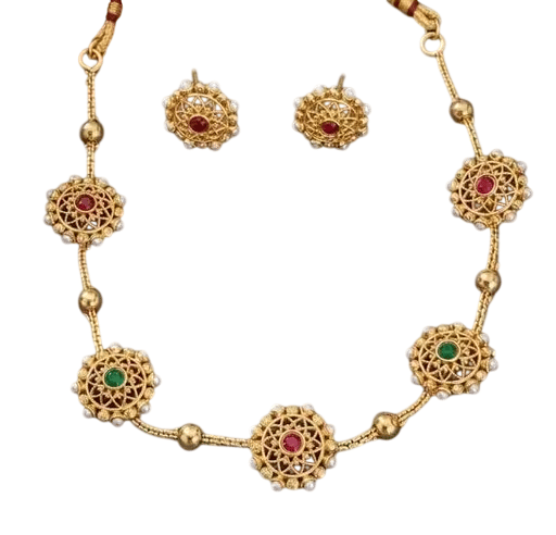 Gold Plated Filigree Necklace Set with Red and Green Stones
