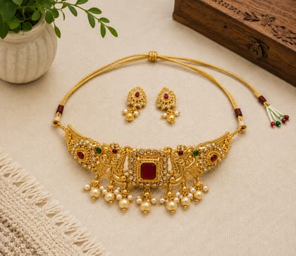 Gold Plated Peacock Choker Jewelry Set with Red Stone and Pearls