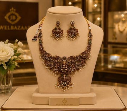Gold Plated Peacock Choker Jewelry Set with Red Stone and Pearls