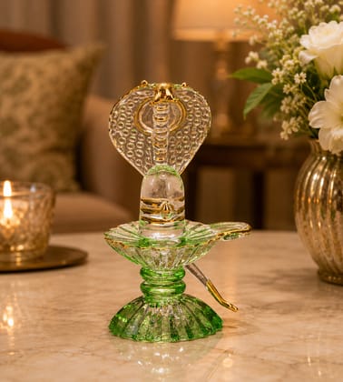 Glass Shivling with Green Stand and Gold Sheshnag - 10 cm