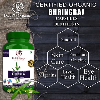 Dr JPG Organic Herbals c Bhringraj Capsules For Hair Fall & Graying 500mg 120 Veg. Capsules/Eclipta prostrata/INDIA ORGANIC Certified.