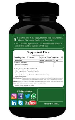 Dr JPG Organic Herbals Gokhru Capsules .500mg 60veg Capsules | For Enhance Endurance, Promotes Vitality|INDIA ORGANIC CERTIFIED