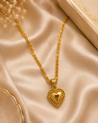 Gold Plated Intricate Textured Heart Pendant with Fancy Link Chain