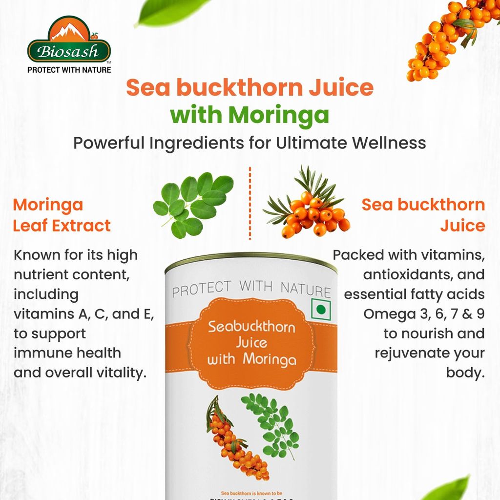 Biosash Sea Buckthorn Juice with Moringa 250ml | From Certified Organic Berries,Cold-Pressed | Rich in Omega 3 6 9, Vitamins & Antioxidants | No Added Sugar, Immunity, Wellness & Vitality | 50 Serves