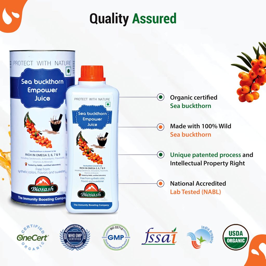 Biosash Himalayan Sea Buckthorn EMPOWER Juice | Certified Organic, Cold-Pressed | Omega 3 6 7 9, Vitamins & Antioxidants | With Ashwagandha, Shatavari, Safed Musli, Kaunch Beej | No Added Sugar | 50 Serves