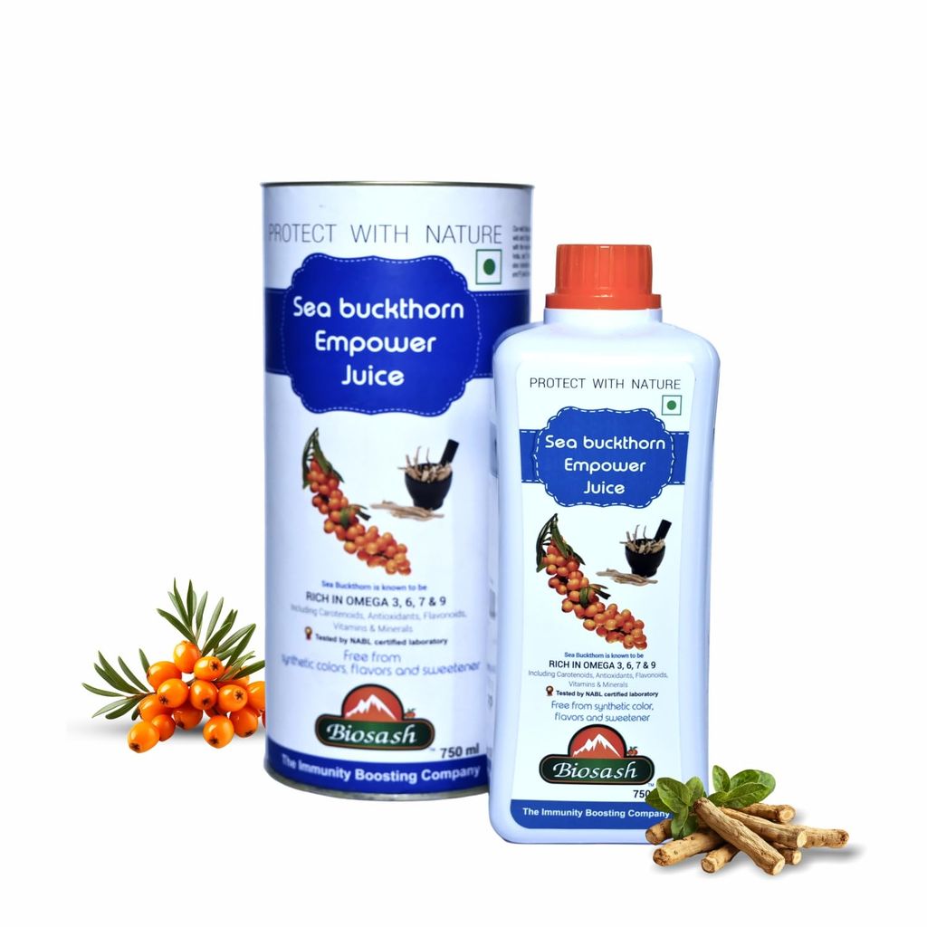 Biosash Himalayan Sea Buckthorn EMPOWER Juice | Certified Organic, Cold-Pressed | Omega 3 6 7 9, Vitamins & Antioxidants | With Ashwagandha, Shatavari, Safed Musli, Kaunch Beej | No Added Sugar | 50 Serves