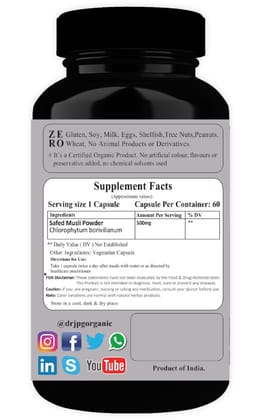Dr JPG Organic Herbals Safed  musli  capsules 500mg 60 veg capsules | for Immunity Strength, Energy Level |INDIA Organic Certified.