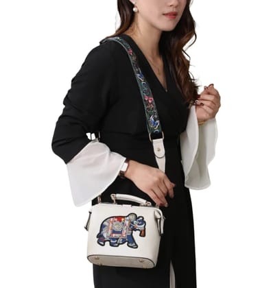 Women's Embroidered Elephant Doctor Style Crossbody Bag with Two Straps