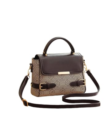 Women's Satchel with Top Handle and Print, Dark Brown