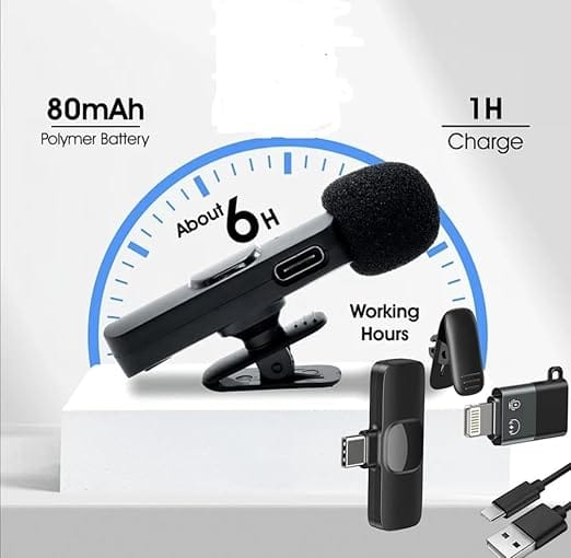 K9 Wireless Microphone Set for Android, Portable Clip-on Lavalier Mic with Receiver, Black, Live Stream Recording