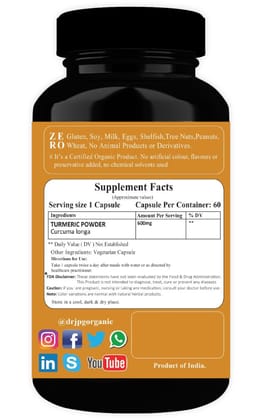 Dr JPG Organic Herbals  Turmeric Capsules For Skin Wellness & Joint Pain 60 Veg. Capsules | INDIA ORGANIC Certified (Pack Of 1)