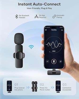K9 Wireless Lavalier Microphone for Android & iPhone | 2.4GHz Clip-On Collar Mic | Noise Reduction | 8H Battery | Type-C Plug & Play for YouTube, Vlogging & Recording