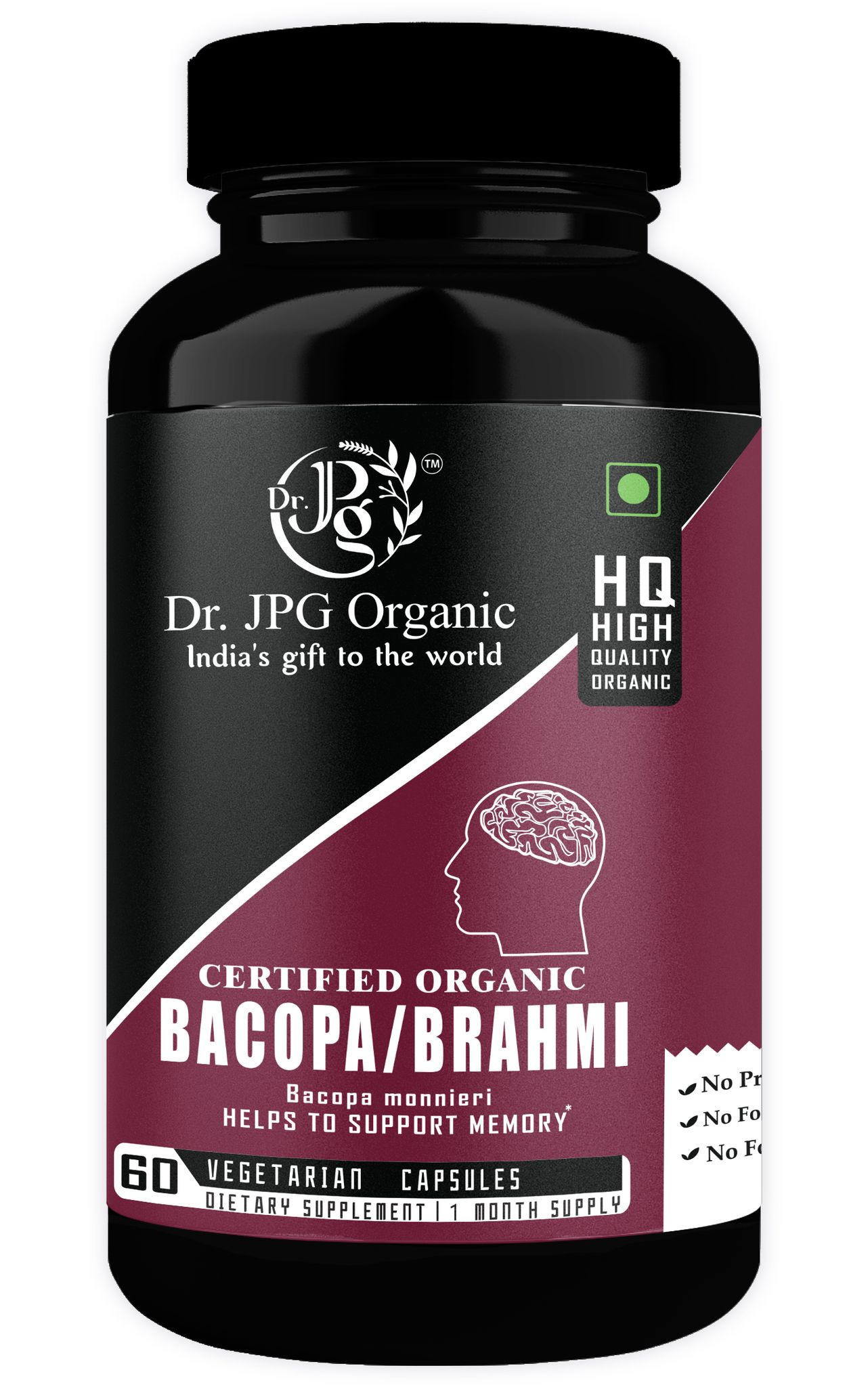 Dr. JPG Organic herbals Brahmi Capsules For Memory Wellness | Bacopa Monniera | 500mg, 60 Veg. Capsules | INDIA ORGANIC Certified (Pack Of 1)