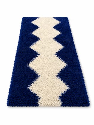 Hand-Knitted Shaggy Diamond Pattern Runner, Blue and Cream