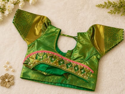 Women's Readymade Tissue Silk Saree Blouse with Embroidered Sleeves - Green
