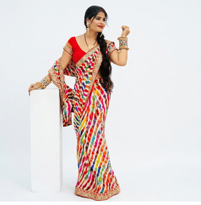  FreHee Women's Multi-Color Leheriya Saree with Red Blouse Piece