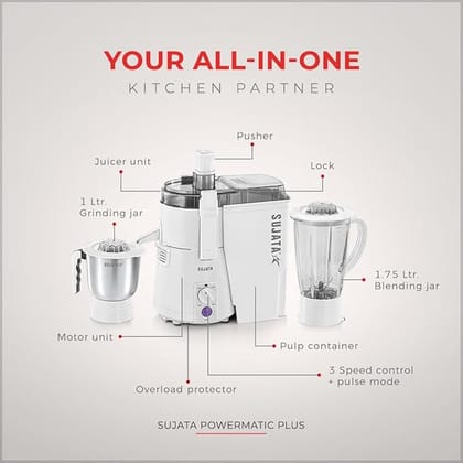 Sujata Powermatic Plus Juicer Mixer Grinder|900 Watts Double Ball Bearing Motor|22000 RPM, 1000ml Grinder Jar| (White)