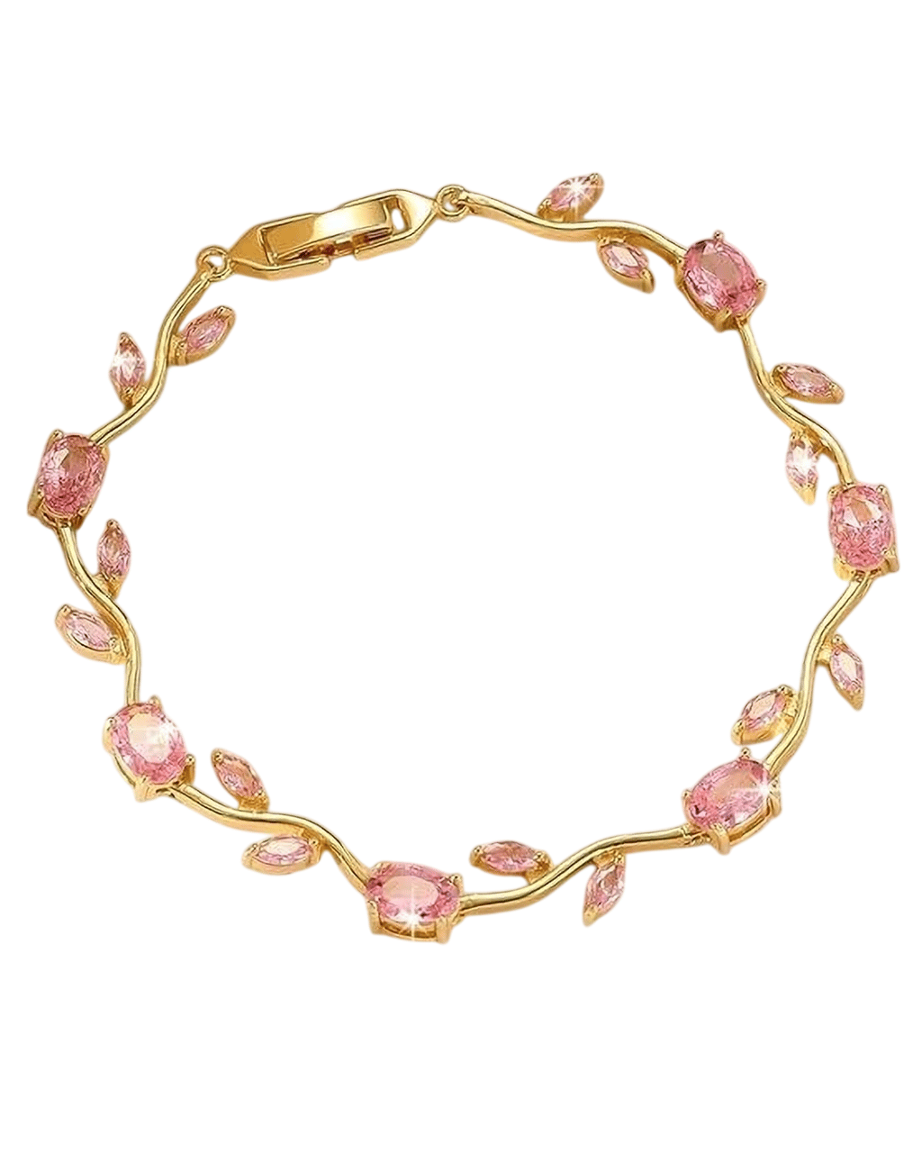 Women's Gold Plated Floral Link Bracelet with Pink Cubic Zirconia