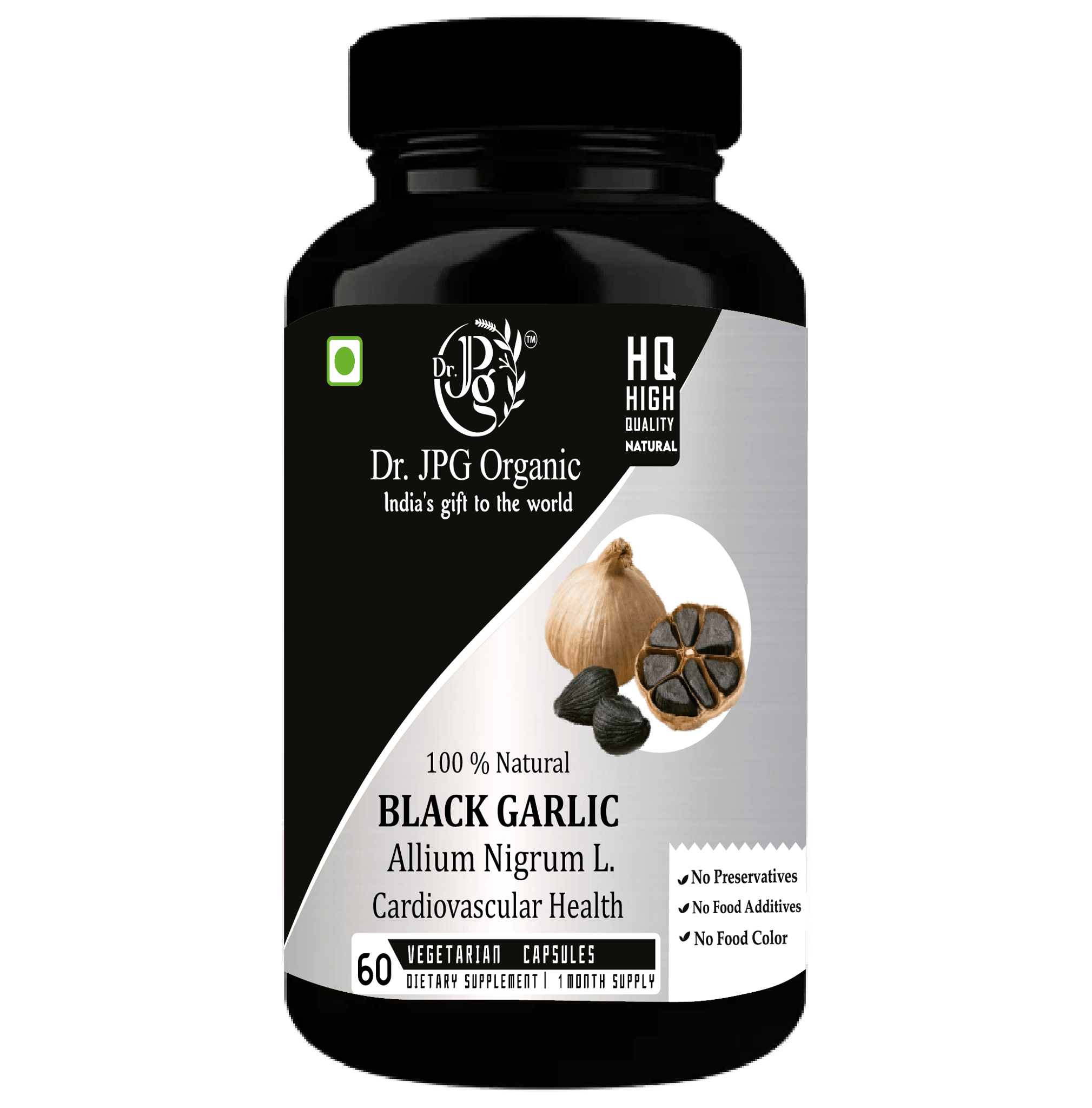 Dr. JPG Organic Herbals Black garlic Extract Capsules 500mg, 60 Veg. For Improves heart health/Regulates blood sugar levels.